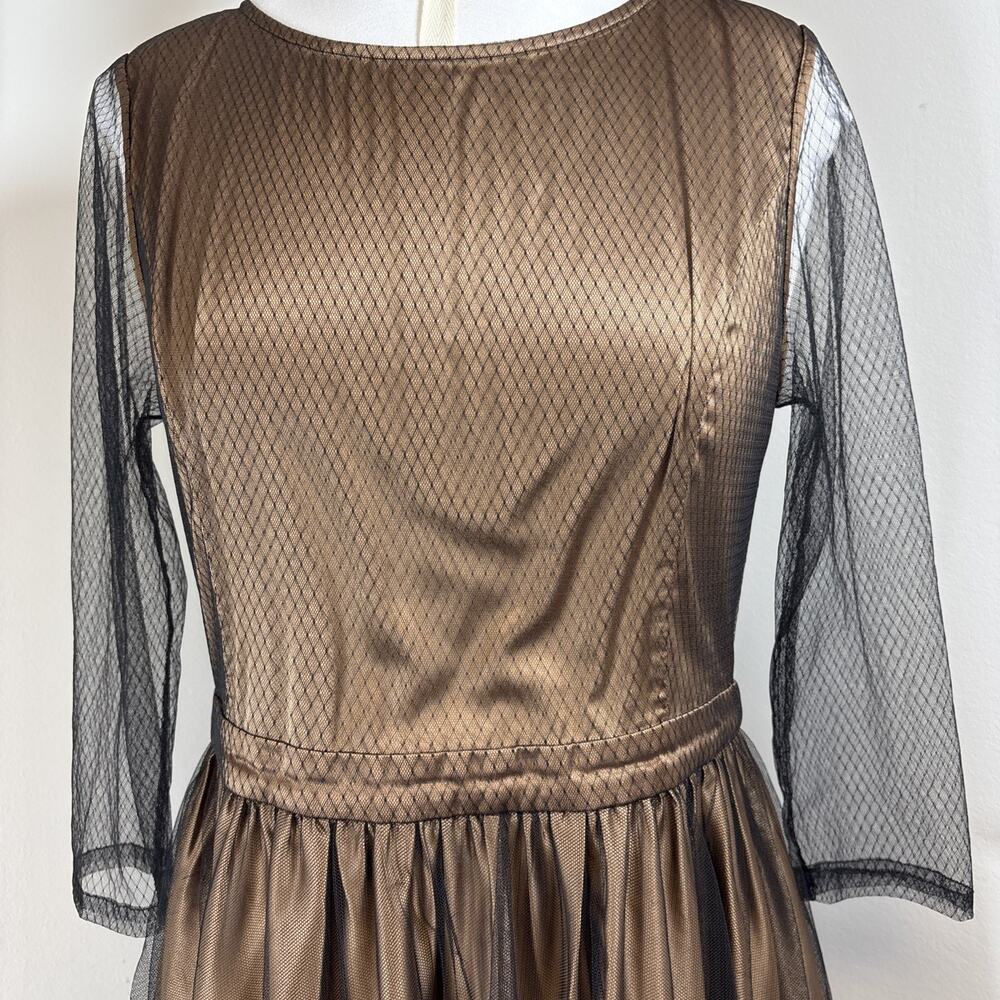 Bronze Satin Sheer Black Overlay Long Sleeve Formal Gown Whimsigoth Dark Boho M - Picture 2 of 12